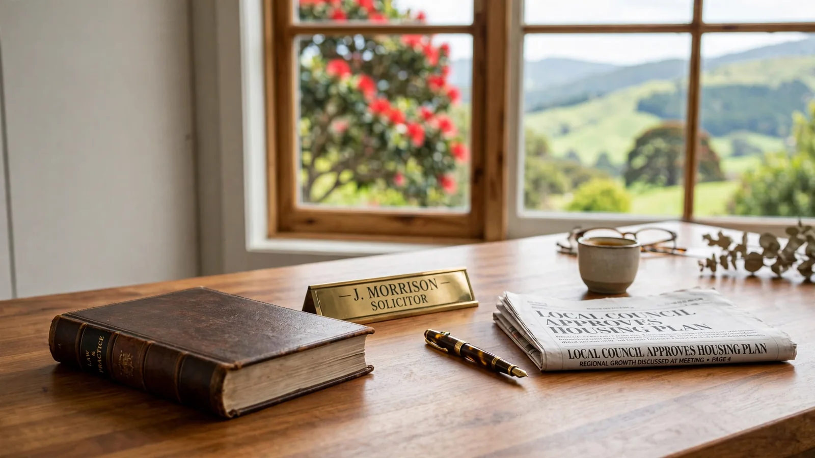 Legal document and fountain pen on a wooden desk with New Zealand landscape view