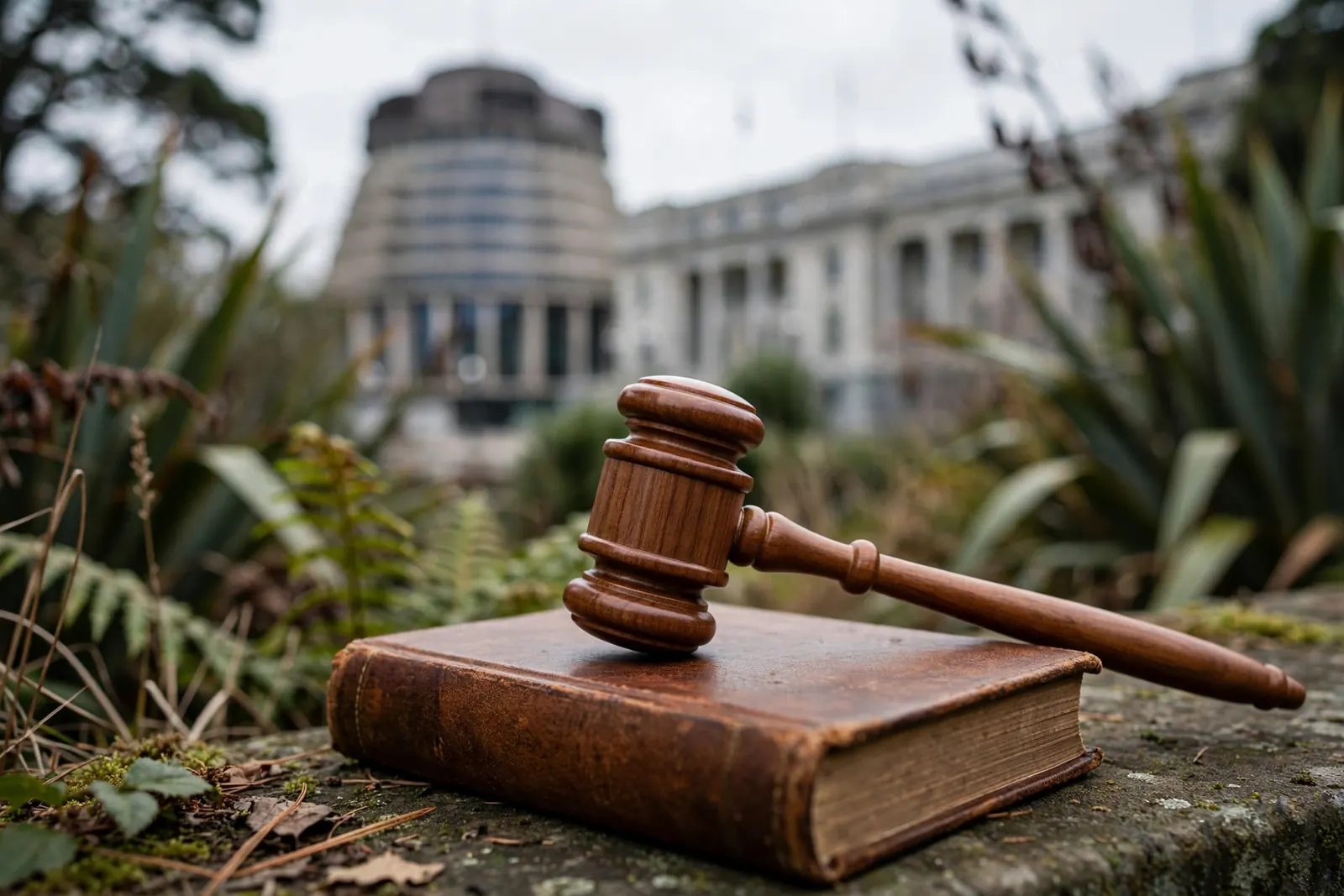 Gavel on law book with blurred New Zealand government building behind