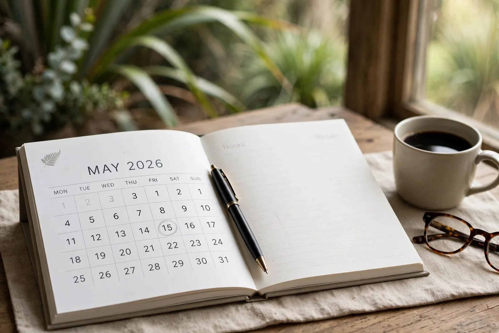 Open desk calendar on wooden table with pen and coffee cup
