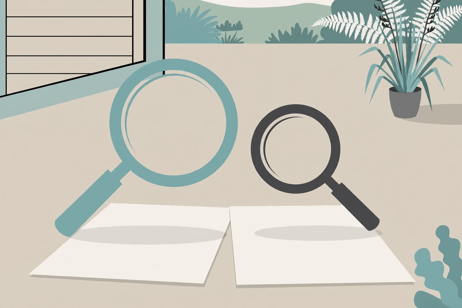 Two magnifying glasses comparing two blank pages on a desk