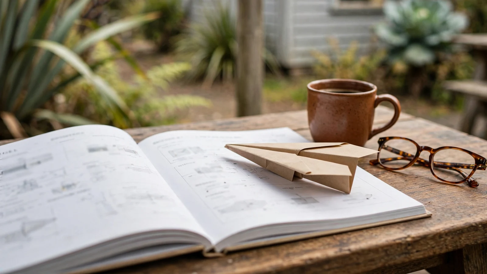 Open rulebook on wooden table with mug, glasses, and paper airplane