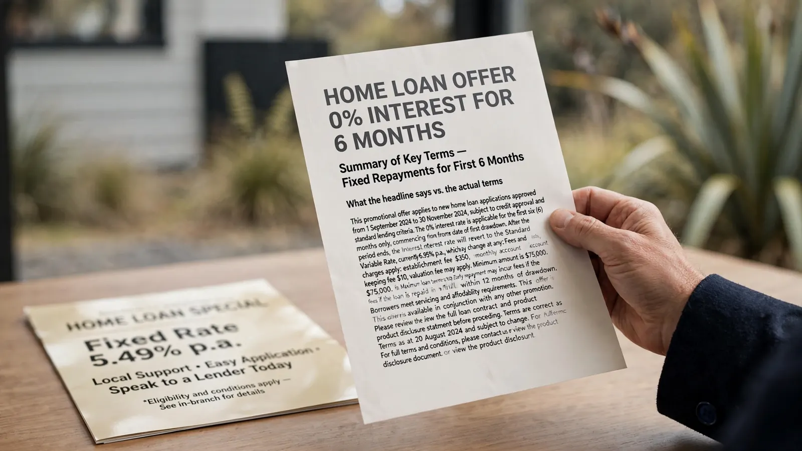 Hand holding printed terms document with promotional flyer on desk behind