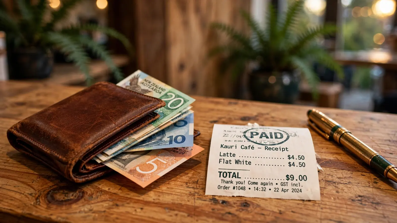 Leather wallet with banknotes, receipt, and pen on wooden counter