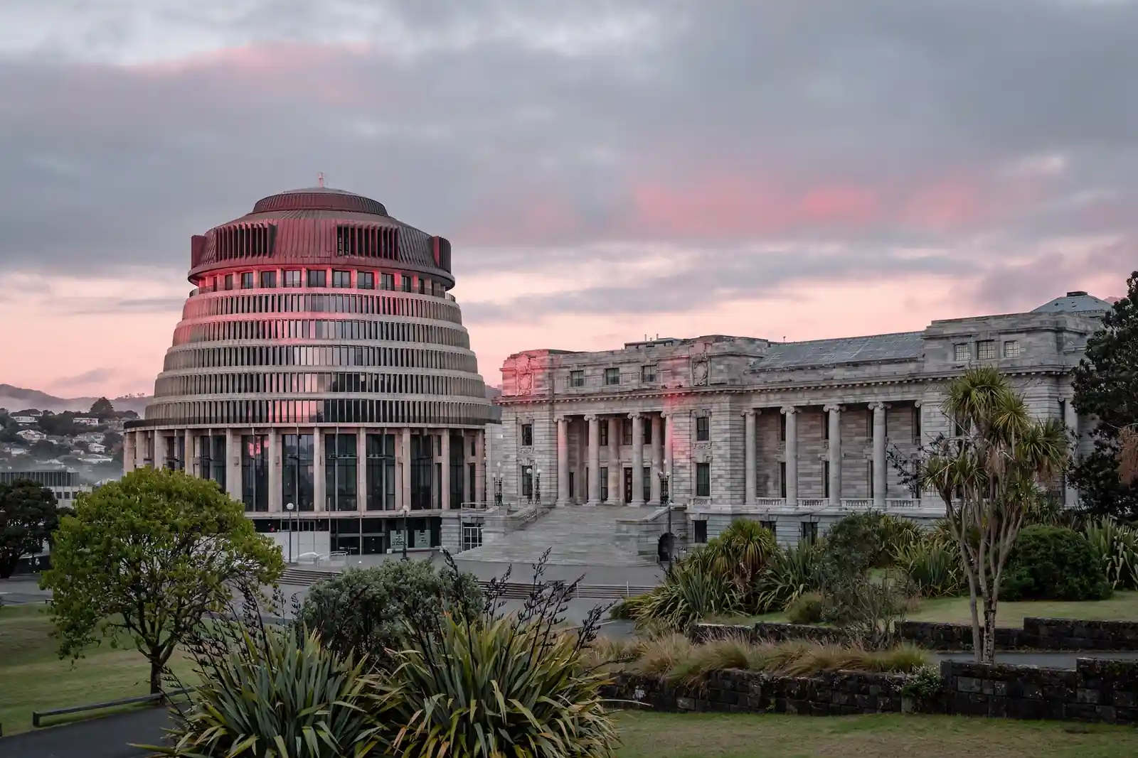New Zealand Parliament Beehive building lit by dawn light