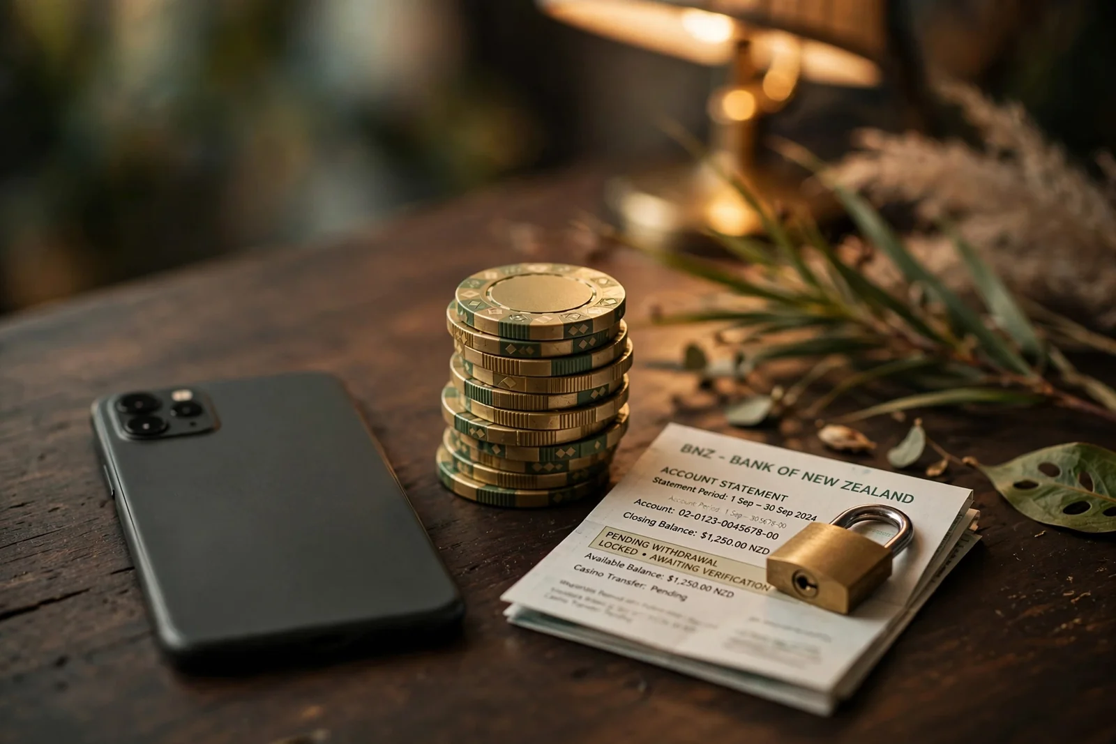 Face-down phone, casino chips, and padlock on a desk symbolizing locked withdrawals