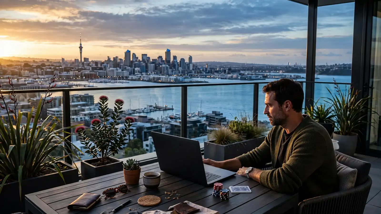 New Zealand player at laptop with poker chips, Auckland skyline at dusk