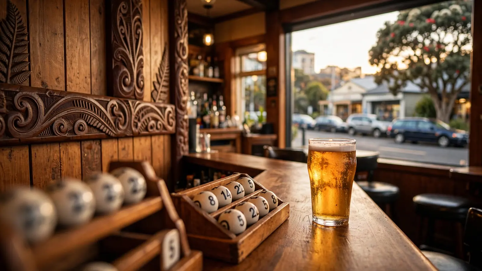 Cozy New Zealand pub interior with wooden counter and warm lighting