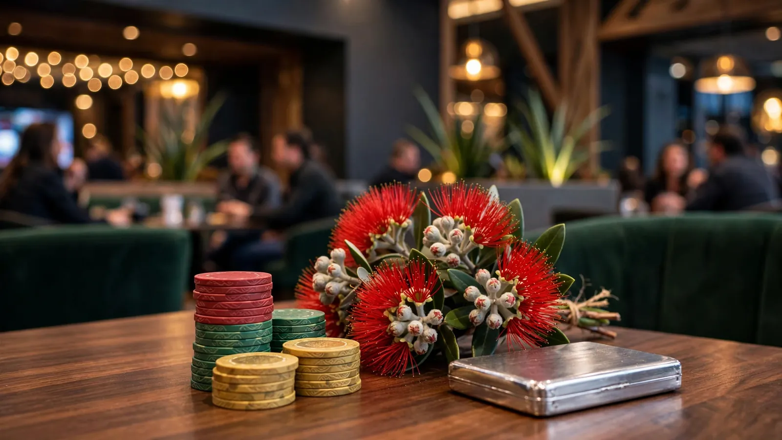 Casino chips, pōhutukawa flowers, and a card deck on a lounge table in Auckland.