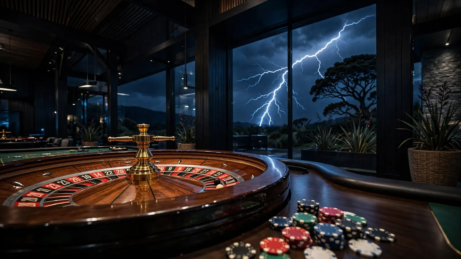 Roulette wheel on a casino table with dramatic lightning in the background