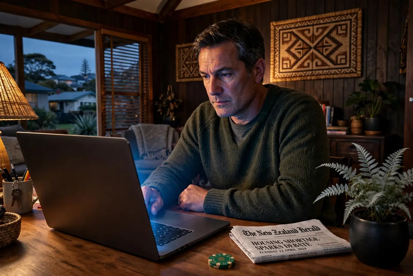 Kiwi man at laptop with casino chip and New Zealand newspaper in dim living room.