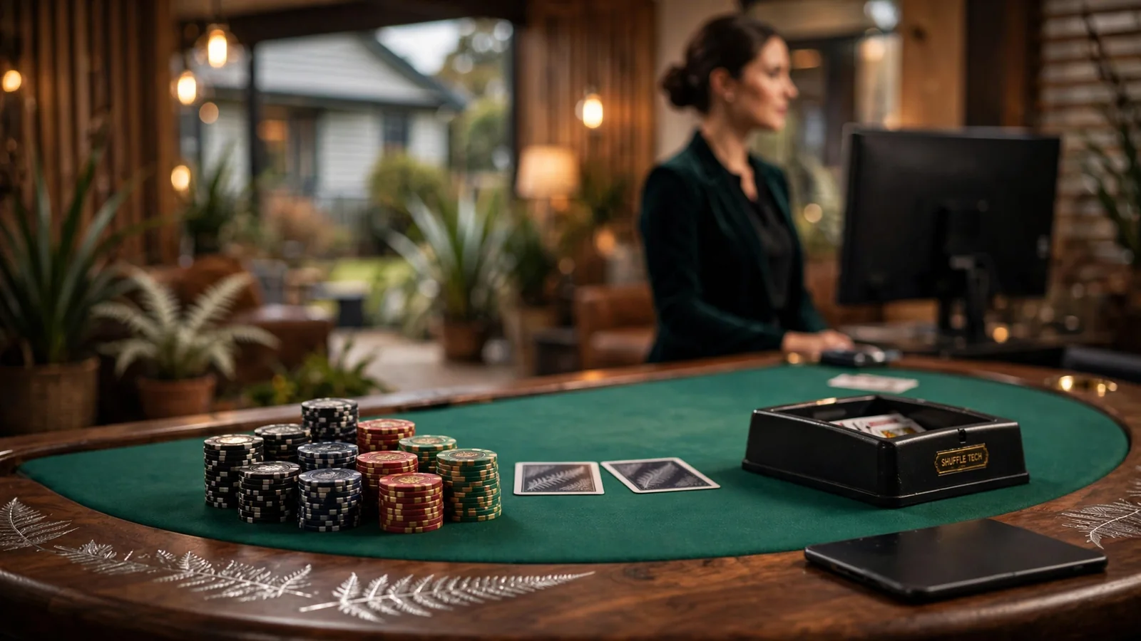 Live blackjack studio table with chips and cards, New Zealand theme
