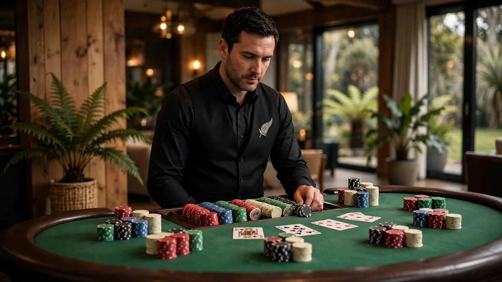 Live dealer behind a green felt blackjack table with chips and cards