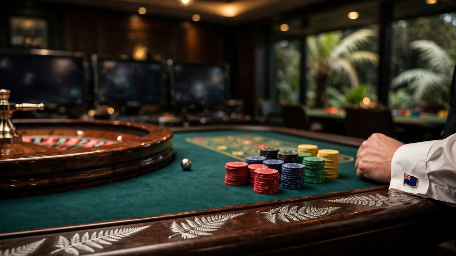 Elegant live roulette studio with wheel, chips, and croupier hinting at New Zealand.