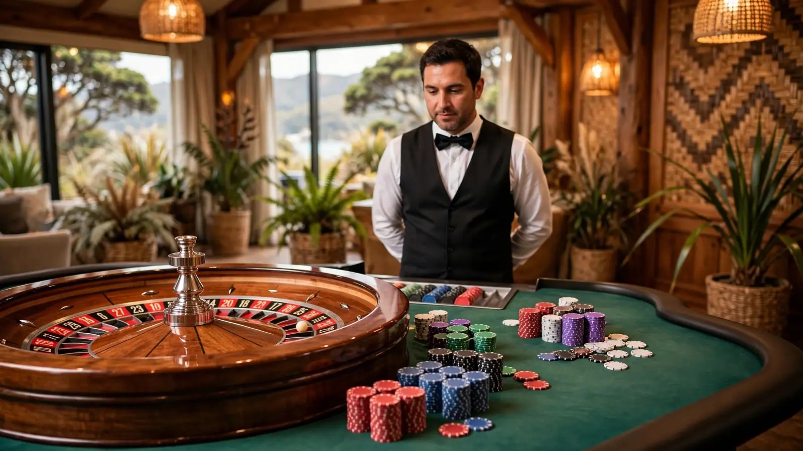 Live roulette wheel with chips on a green casino table