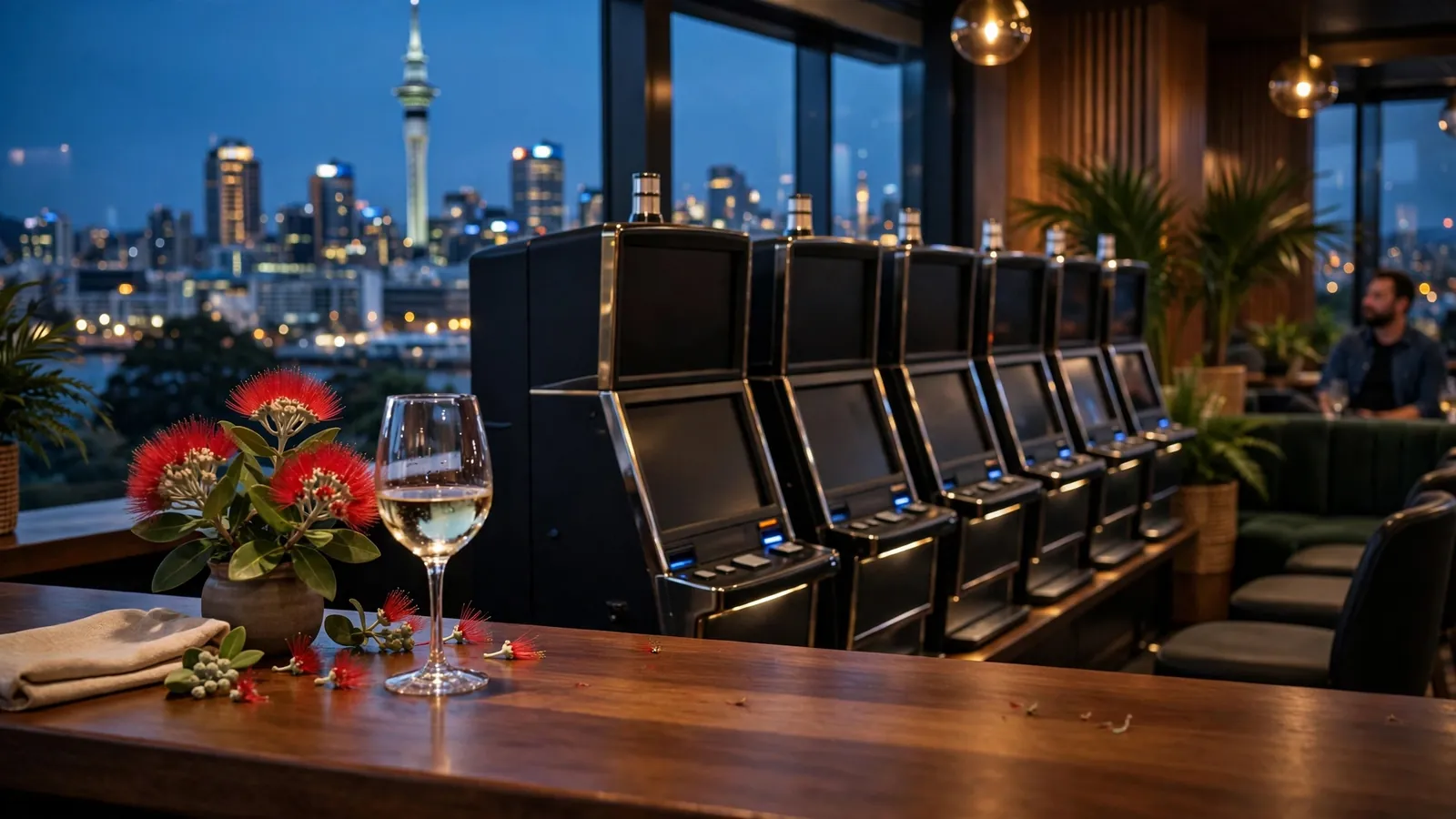 Modern New Zealand casino lounge with slot machines at dusk overlooking Auckland skyline