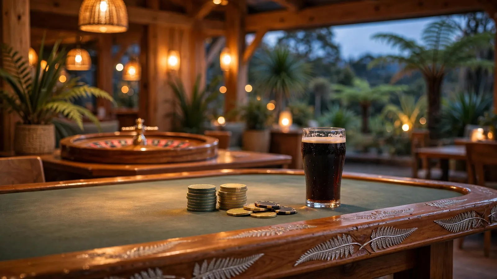 Casino table with chips and roulette wheel in a New Zealand lounge