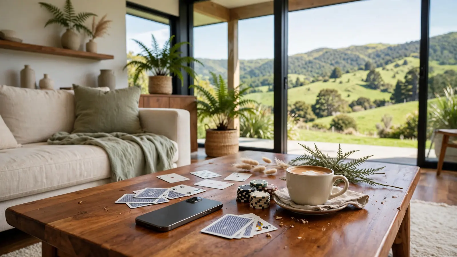 Smartphone face-down on a wooden table with playing cards and chips in a New Zealand home