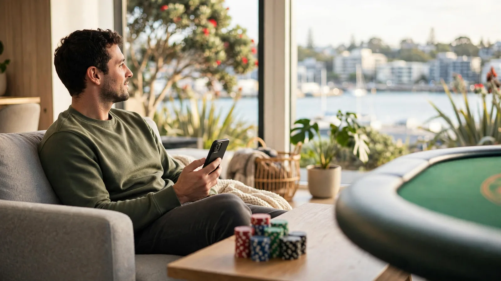 Person holding a smartphone in a modern New Zealand apartment with casino chips nearby
