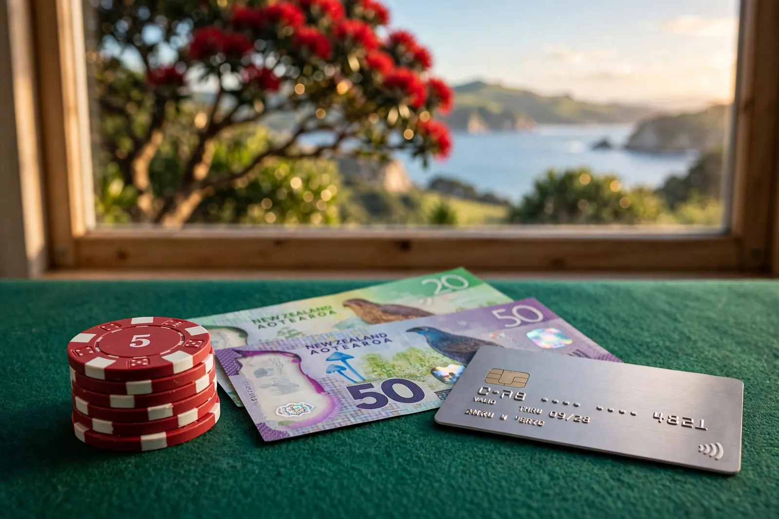 Casino chips beside credit card and NZ currency with coastal landscape