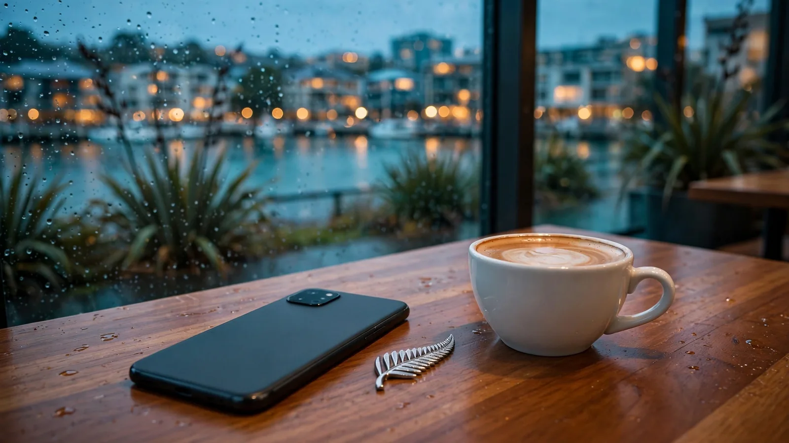 Smartphone on a table near a window overlooking Auckland waterfront at dusk