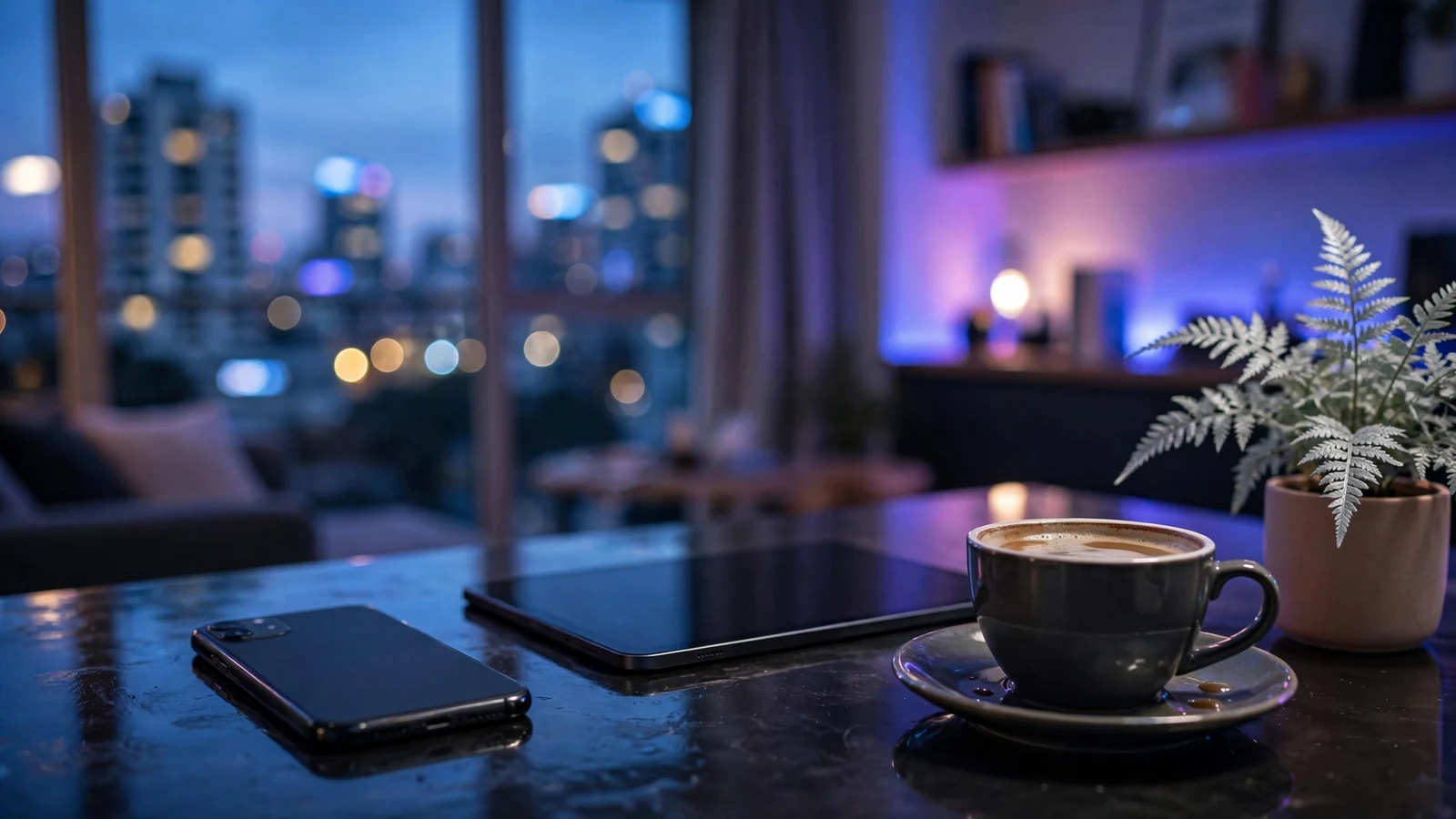 Smartphone and tablet on a dark table with neon glow and Auckland skyline view at dusk