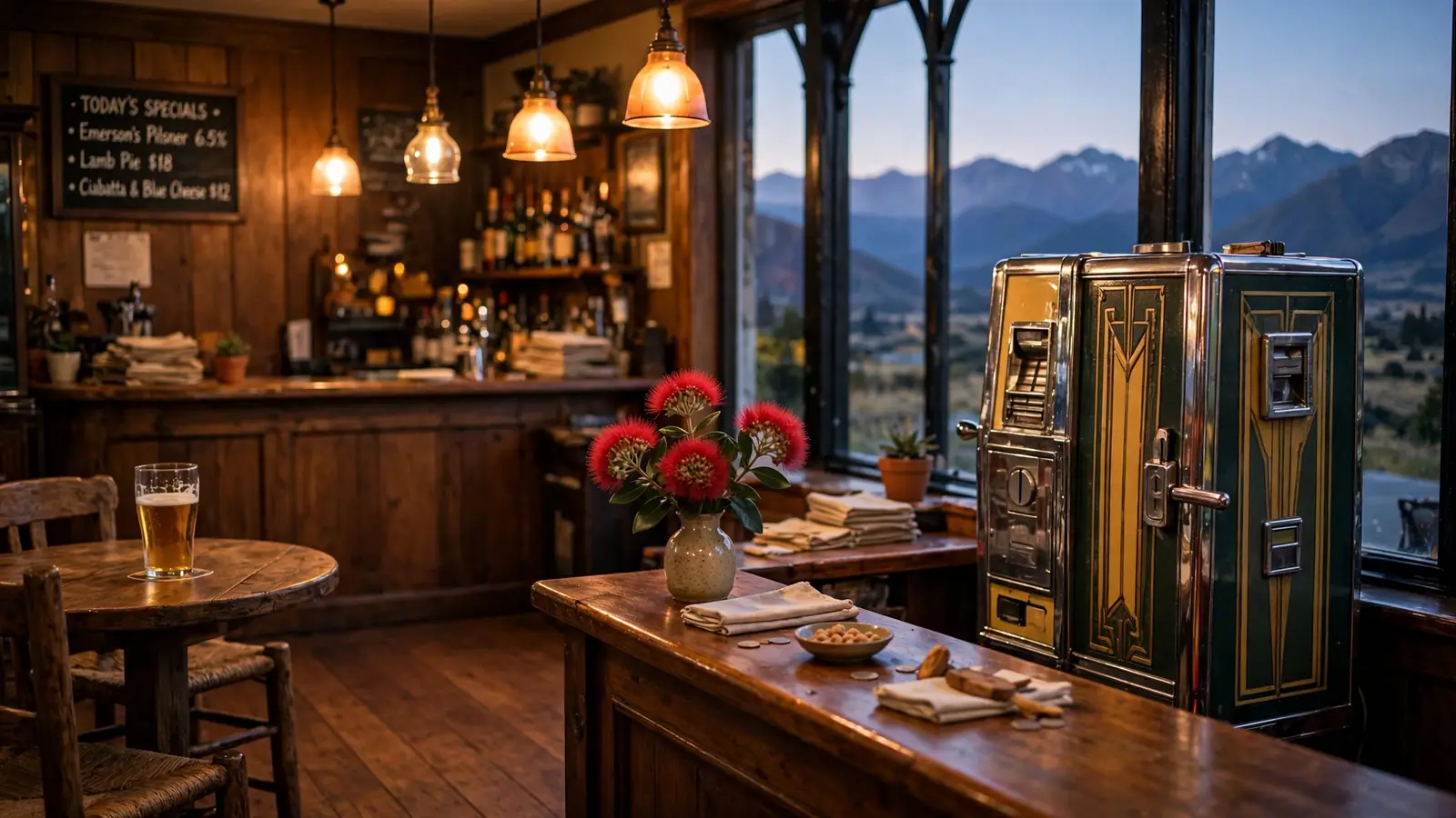 Cozy New Zealand pub interior with vintage pokies machine at dusk
