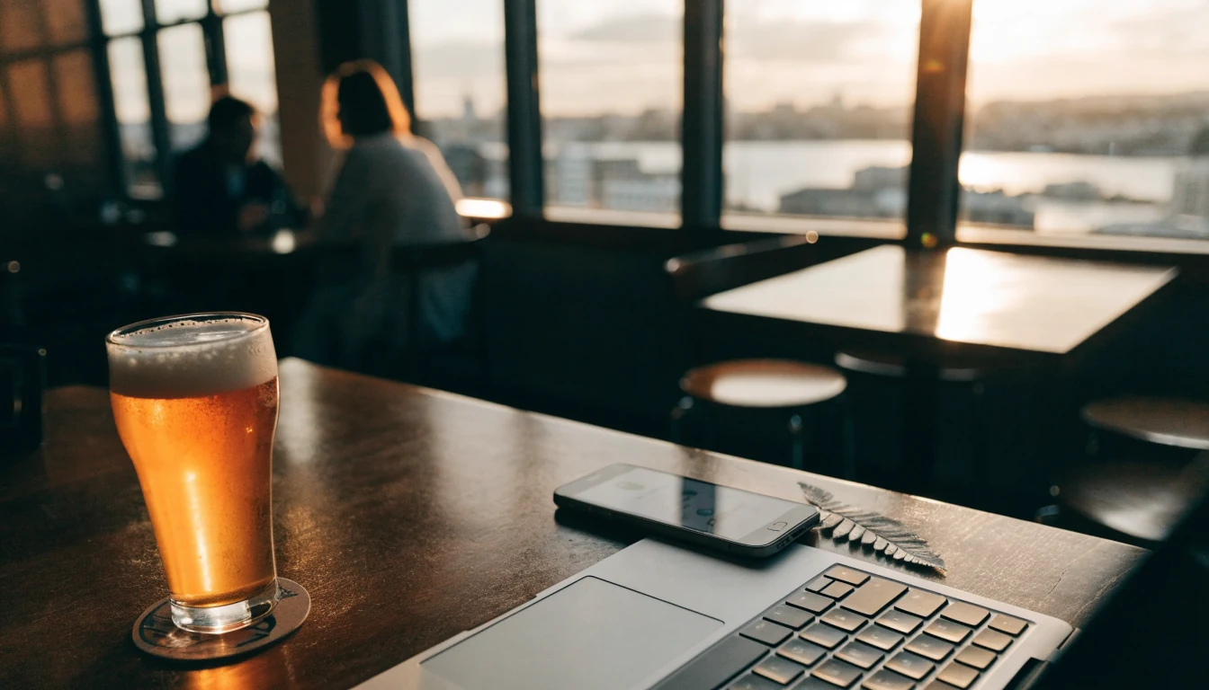 Closed laptop and smartphone on a café table in New Zealand at golden hour