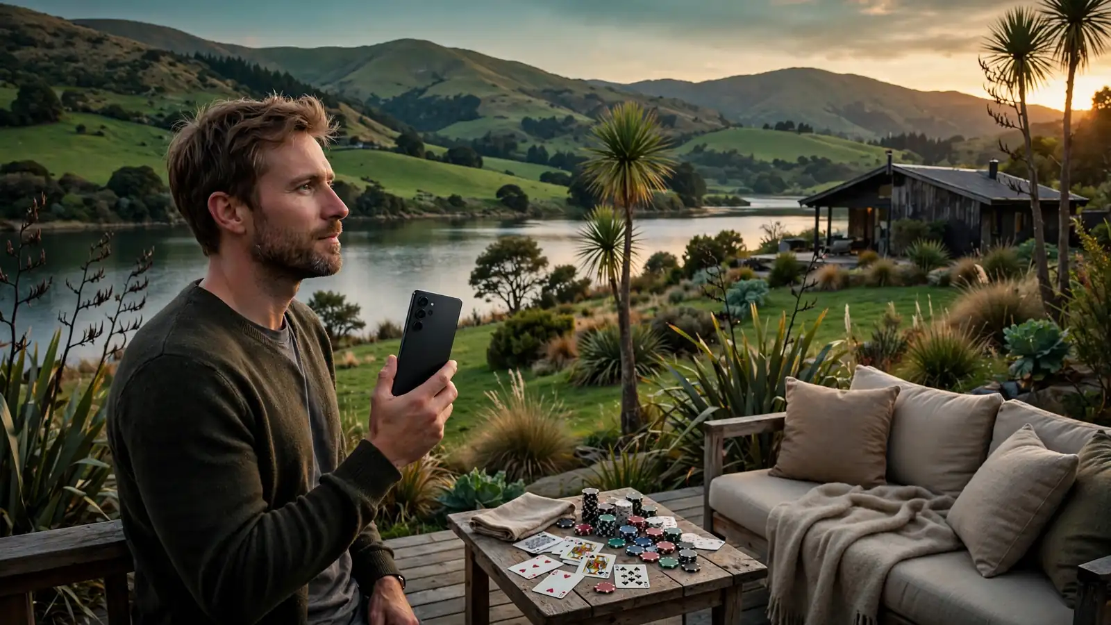 Person with smartphone near poker chips in New Zealand landscape at dusk