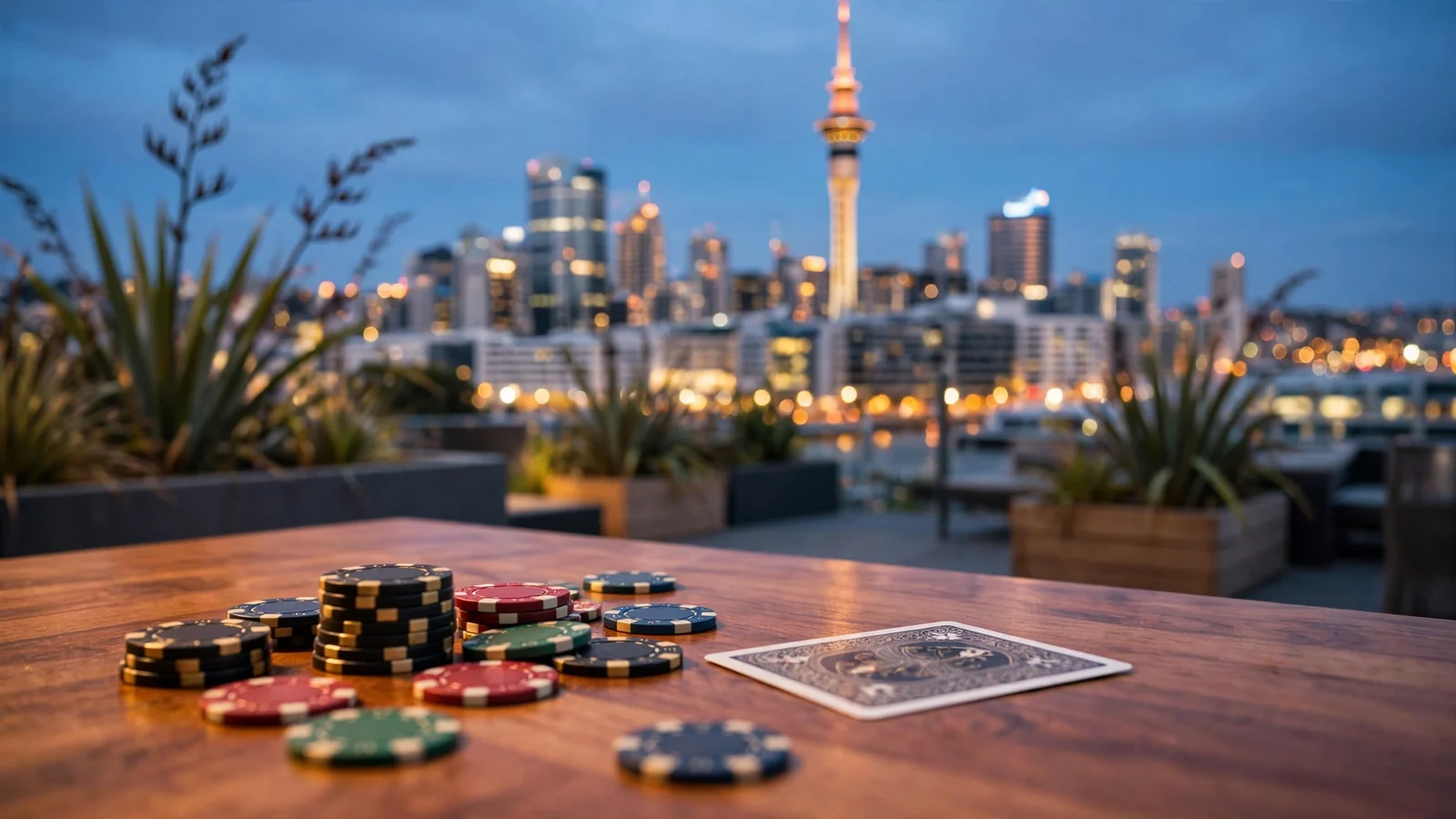 Auckland Sky Tower at dusk behind a casino table with cards and chips.