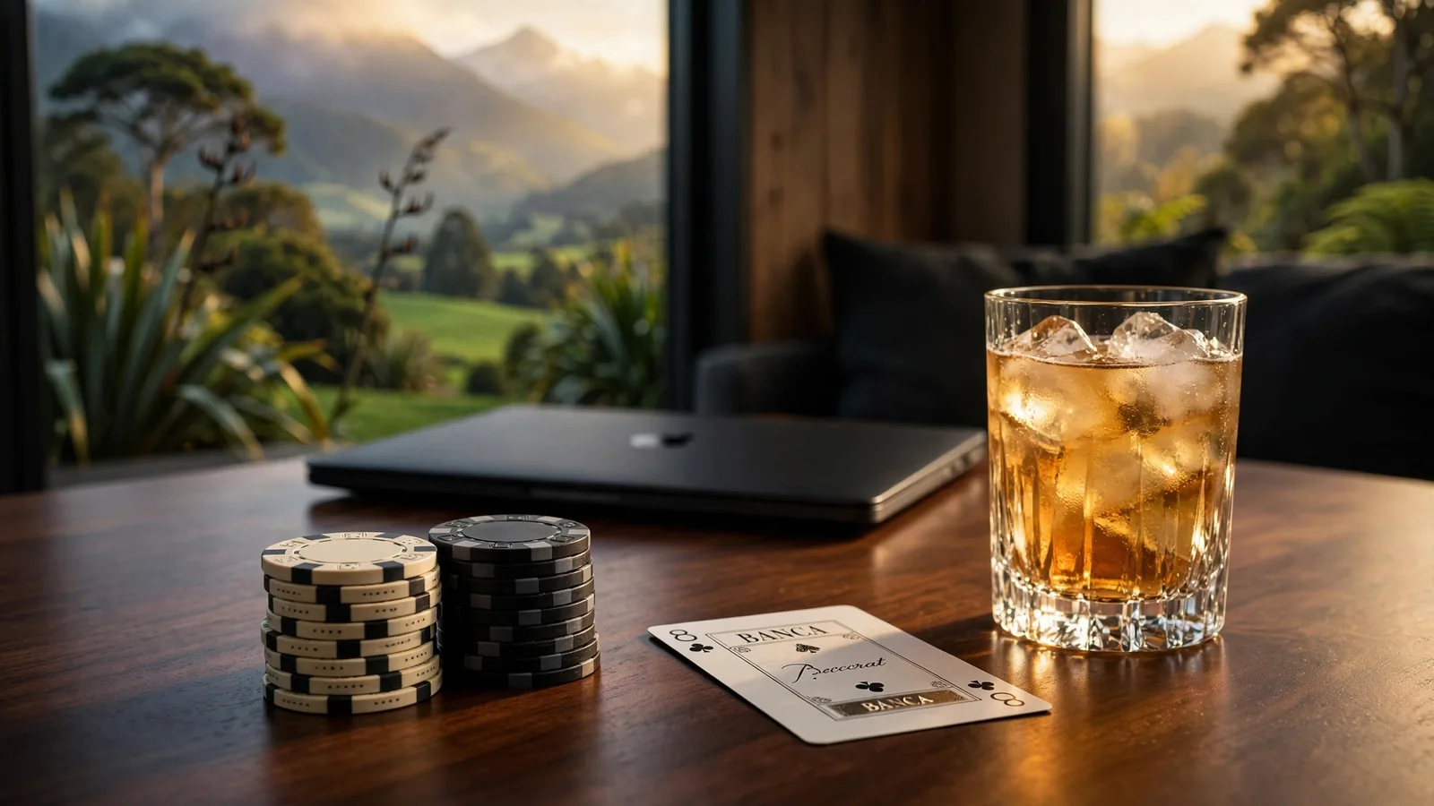 Casino chips and a baccarat card on a dark table with a closed laptop and New Zealand mountain landscape in the background.