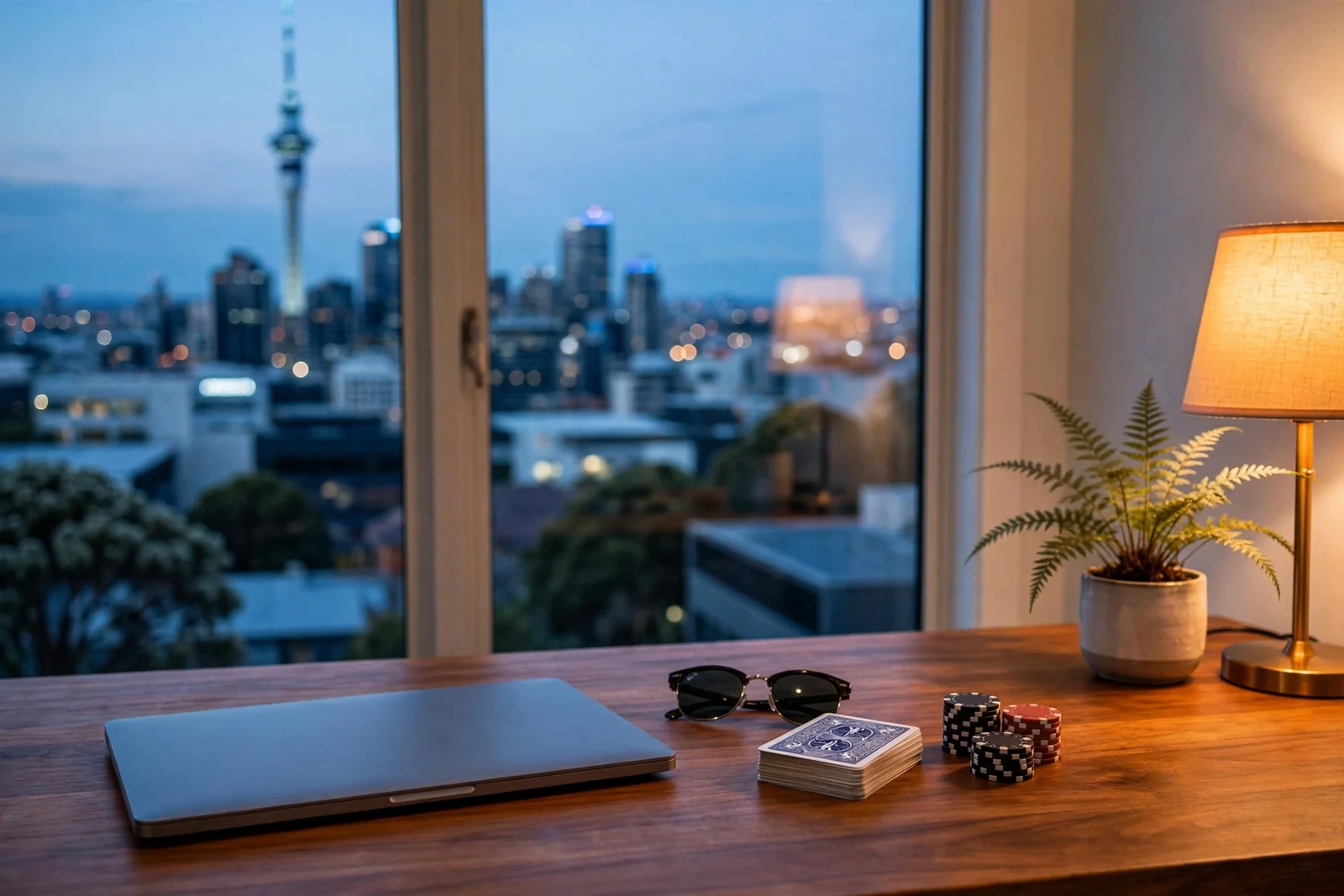 Home office desk in Auckland with playing cards and casino chips near a closed laptop