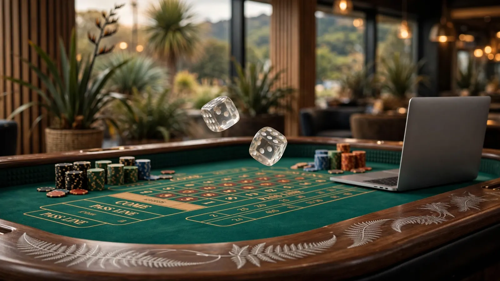 Craps table with dice and chips beside a laptop, New Zealand casino theme