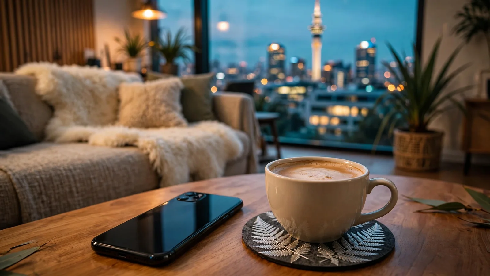 Smartphone on a coffee table with flat white and New Zealand skyline at dusk