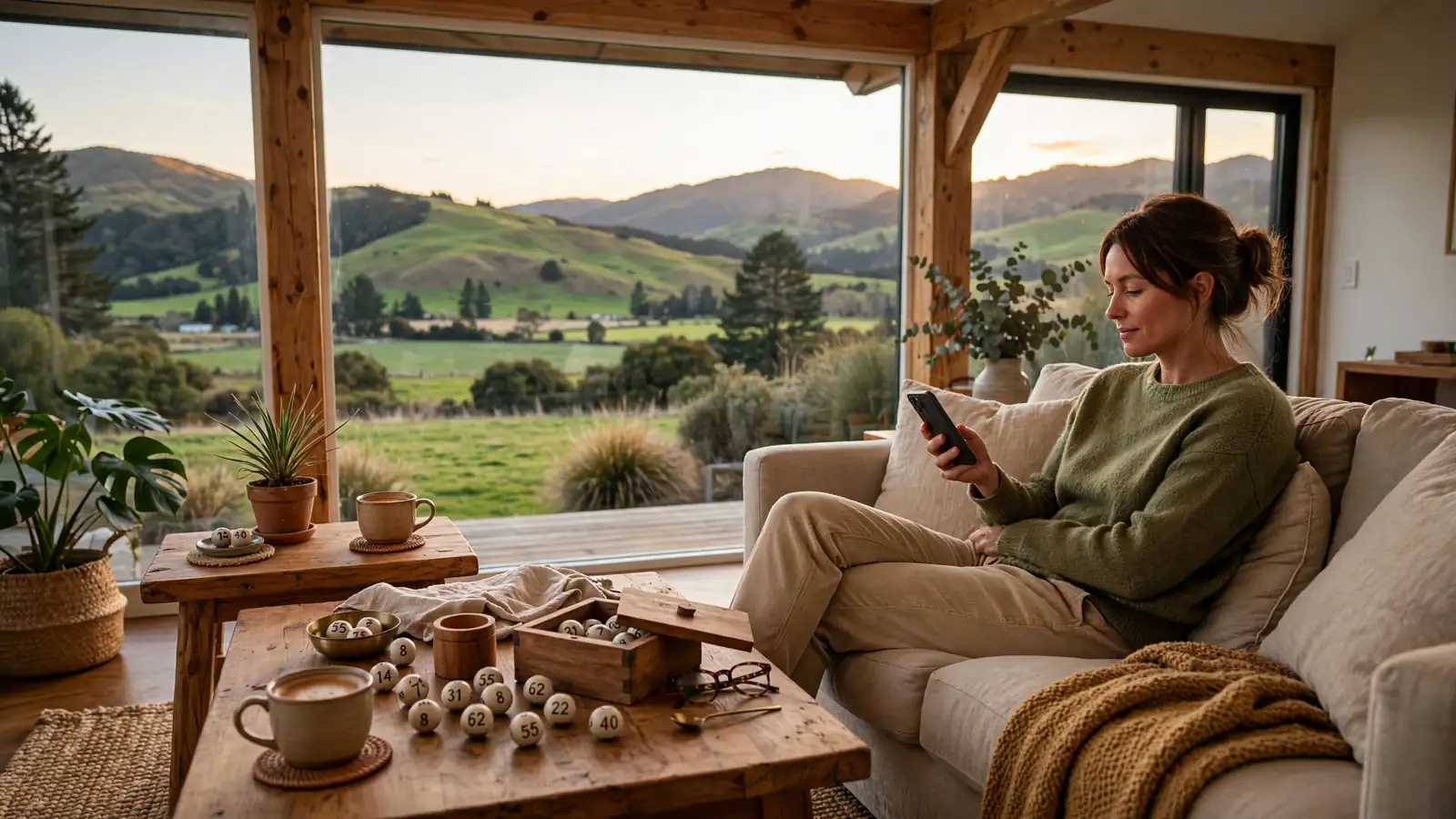 Person relaxing at home in New Zealand playing online keno on smartphone, 2026