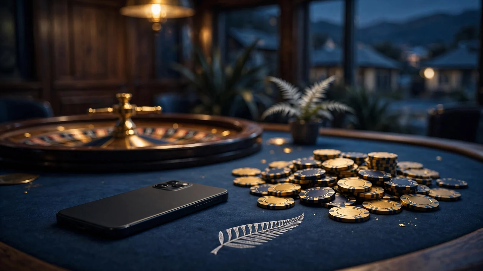 Smartphone face-down on a casino table with chips and a silver fern motif