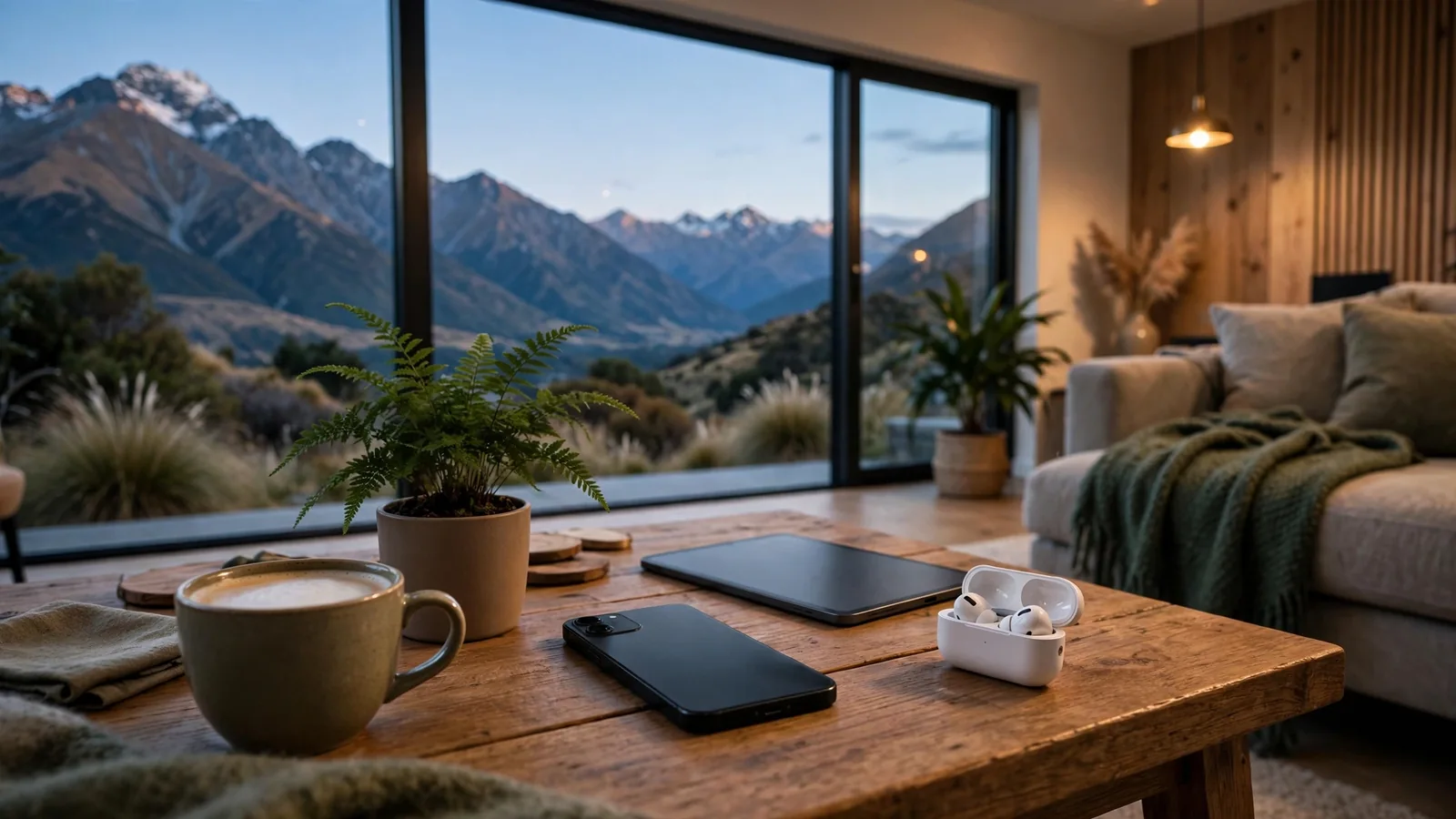 Cozy New Zealand living room at dusk with smartphone and tablet on table, Southern Alps view