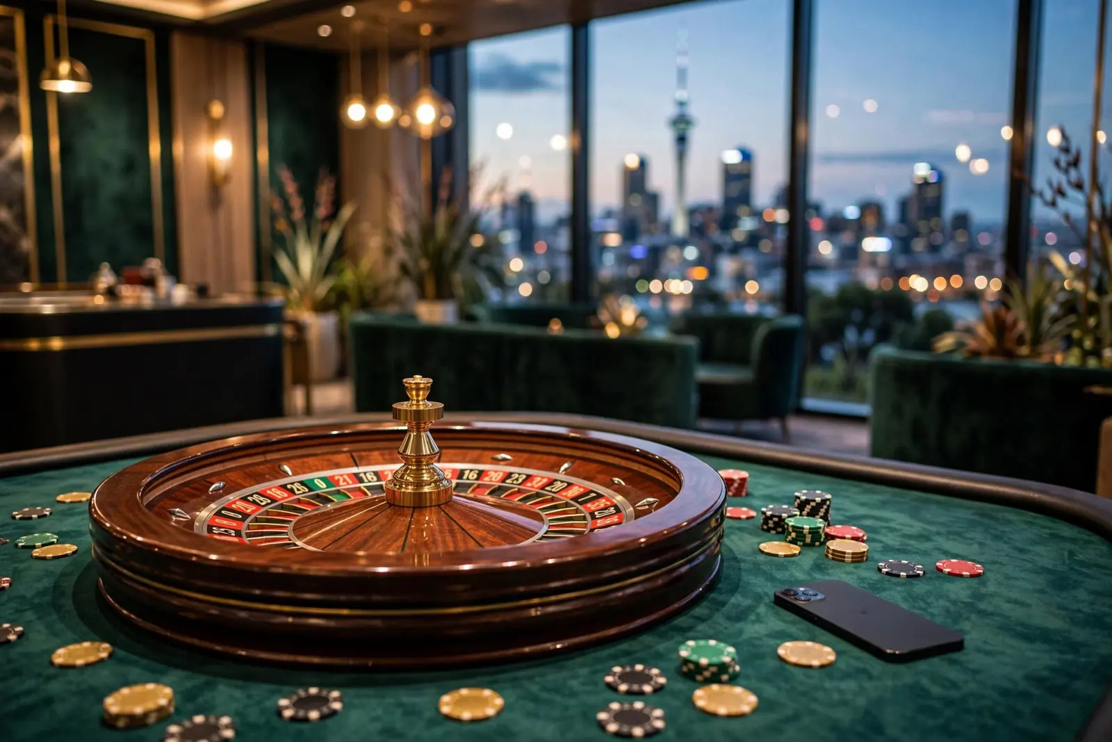 Roulette wheel on a casino table with Auckland skyline in the background.