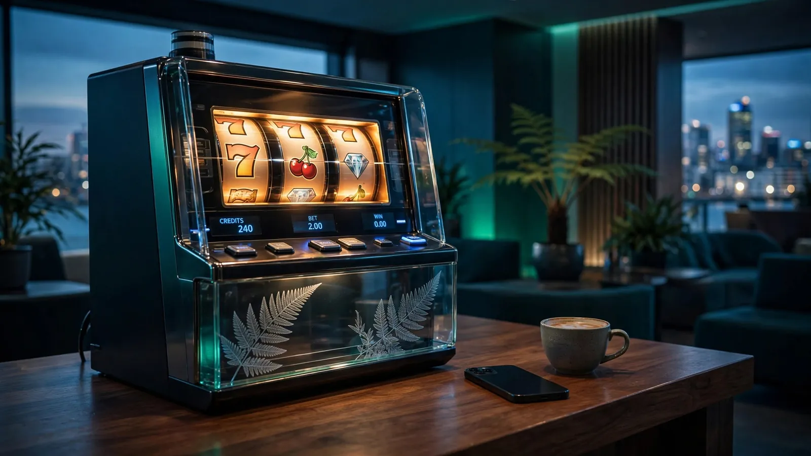 Slot machine with fern motif in a New Zealand lounge at dusk