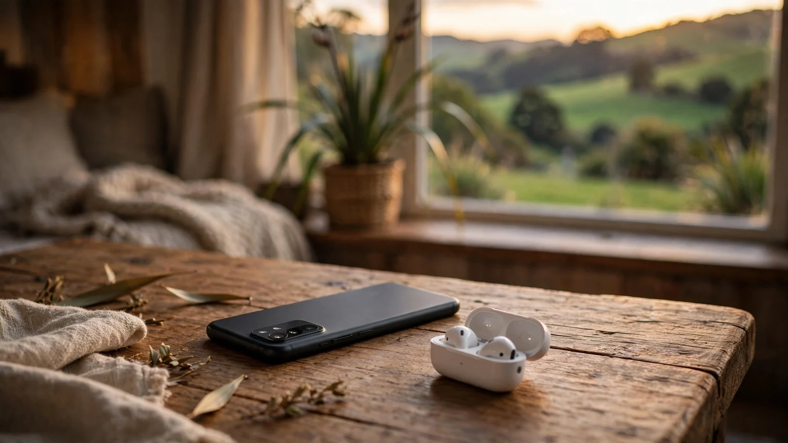 Smartphone on a wooden table in a cozy New Zealand home setting.