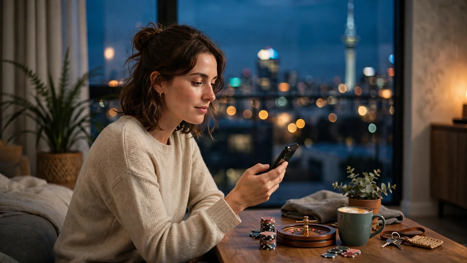 Young adult in Auckland apartment holding smartphone near casino chips and roulette wheel