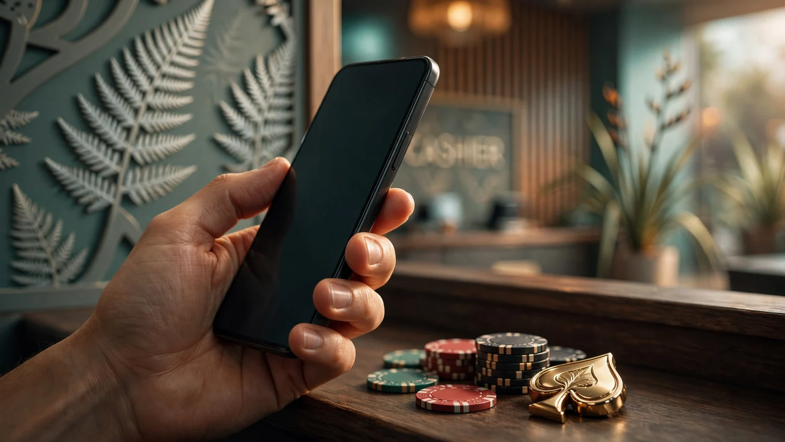 Hand holding smartphone at a casino cashier with chips on counter