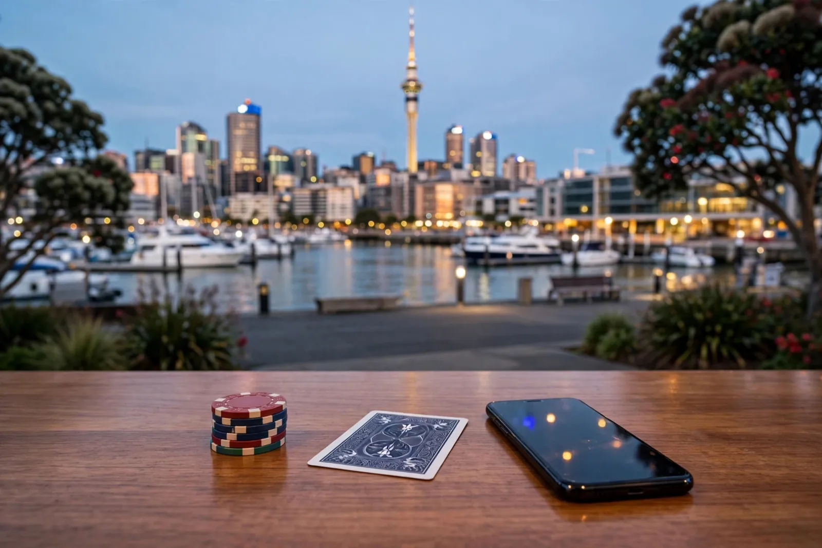 Auckland waterfront at dusk with casino chips and a smartphone on a table