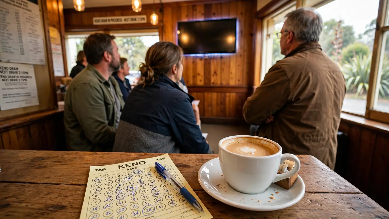 New Zealand betting shop with patrons watching a keno draw on a wall screen