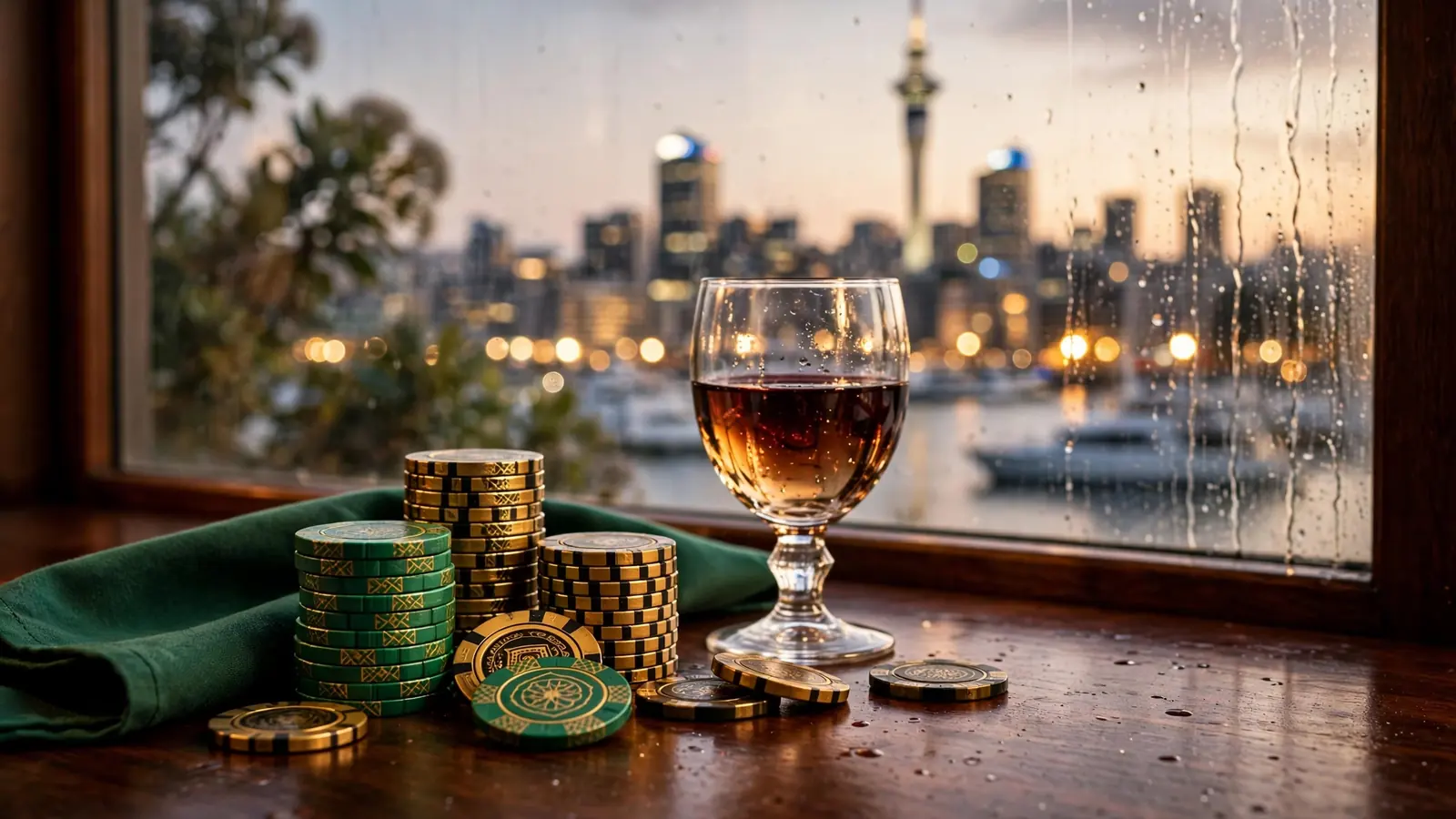 Casino tokens and wine on a bar counter with blurred Auckland skyline at twilight