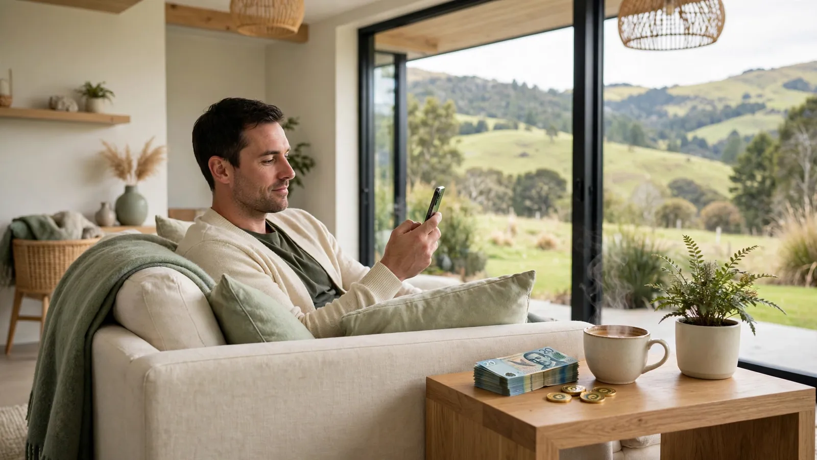 Person holding a smartphone in a New Zealand home with Kiwi dollars and coffee on the side table
