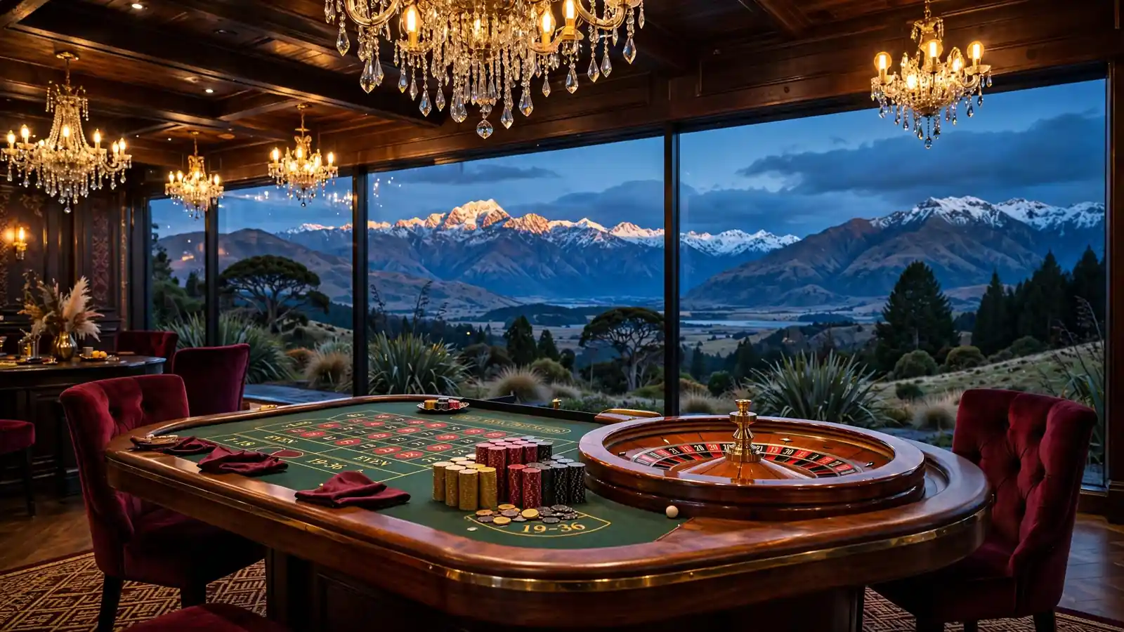 Elegant casino lounge with roulette table overlooking New Zealand mountains at dusk