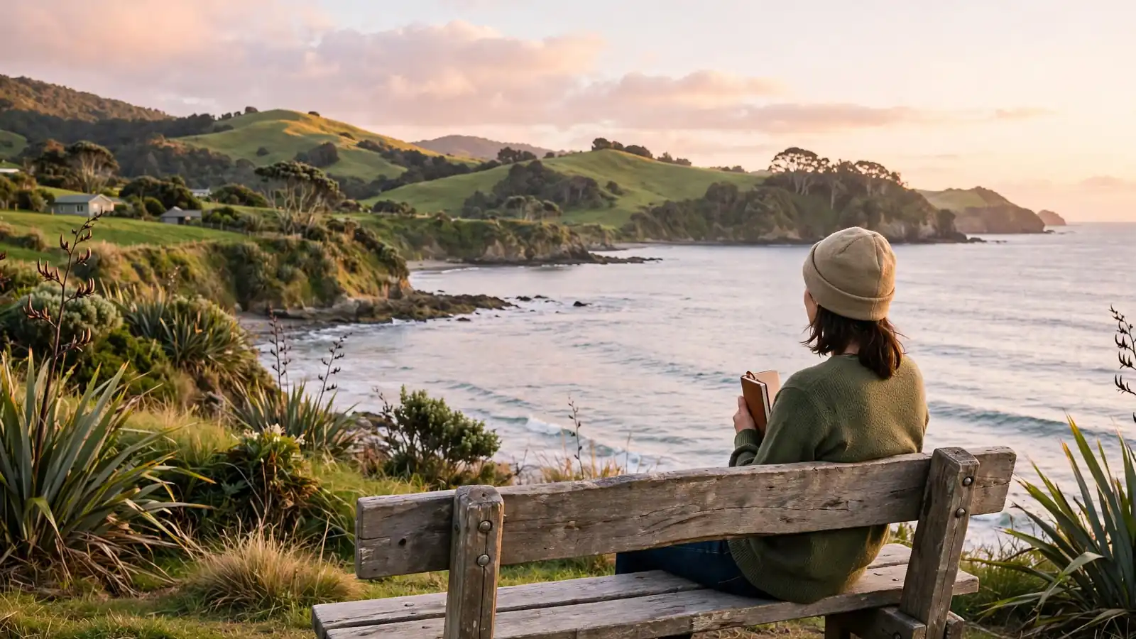 Person on a coastal bench in New Zealand at sunset, holding a notebook.