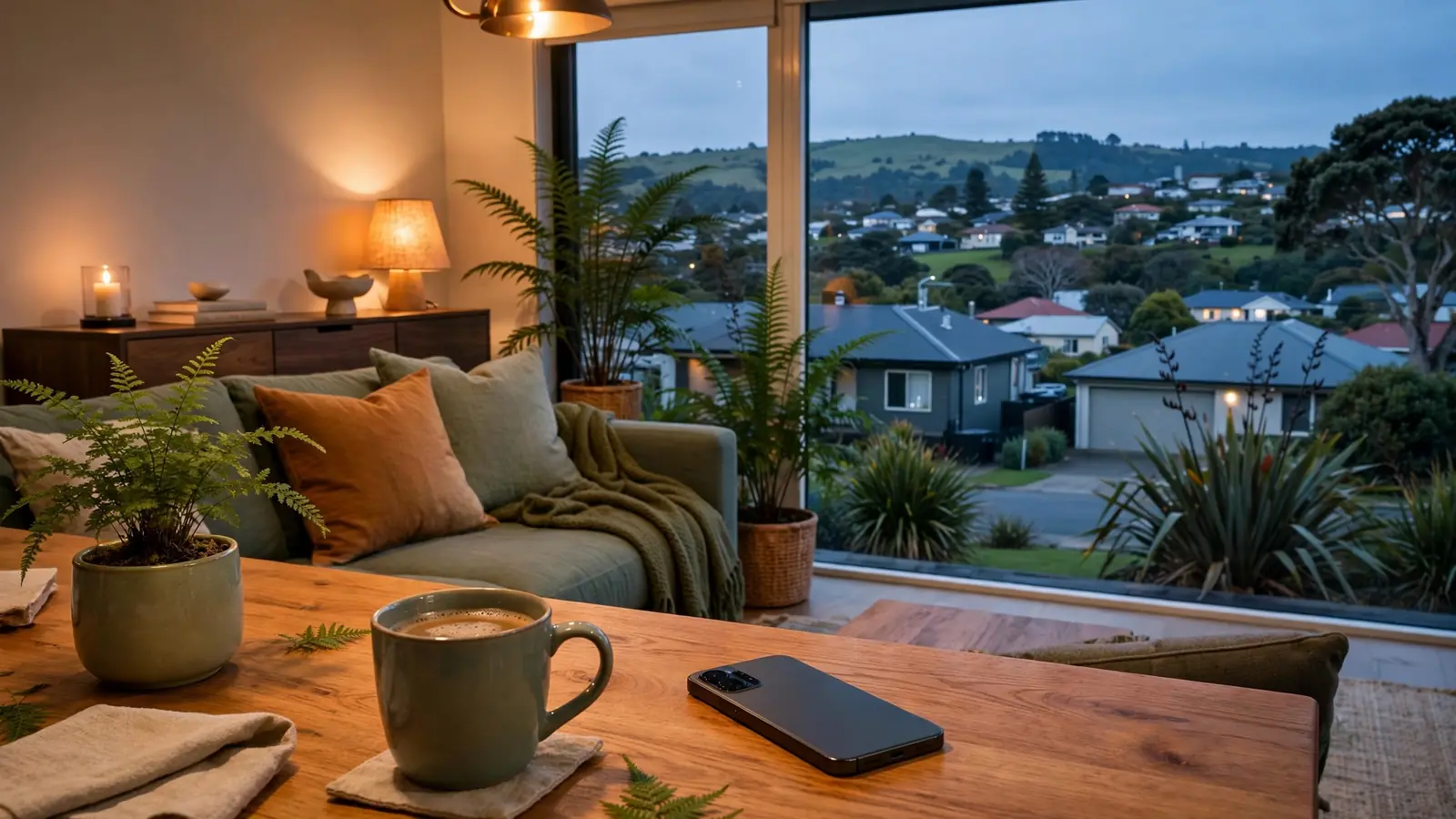 Smartphone on a coffee table in a cozy New Zealand living room at dusk.