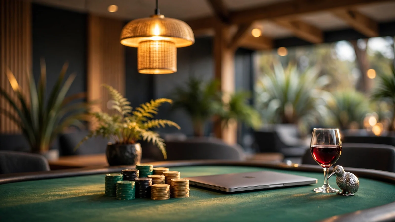 Elegant casino table with chips and closed laptop in New Zealand-themed lounge