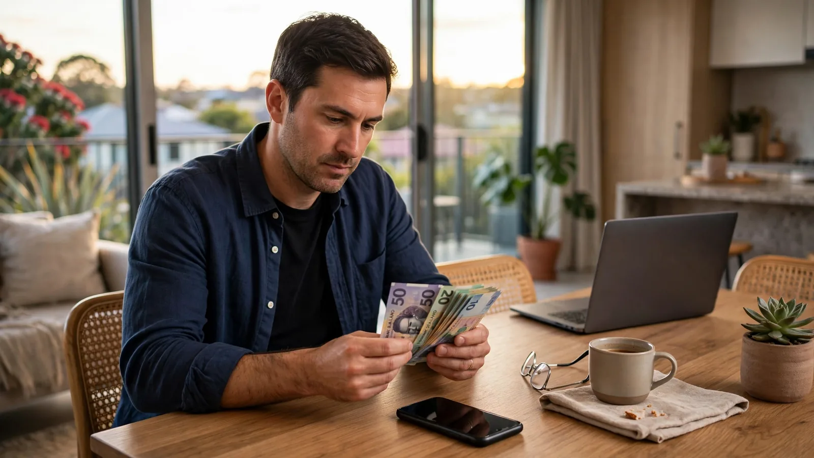 Person with New Zealand dollars and a smartphone at a table in an Auckland apartment